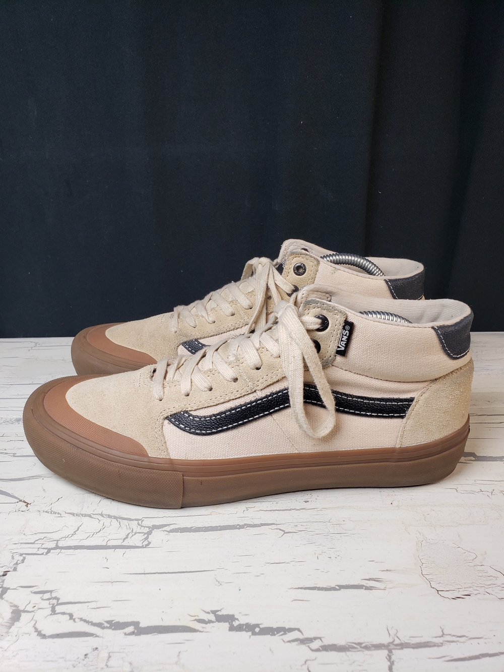 Vans Leather/ Canvas Mid-Top Sneakers Beige w/Black Stripe & Gum Sole -Men's 9.5